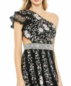 Mac Duggal Embroidered Ruffled One Shoulder Lace Up Gown Shop For