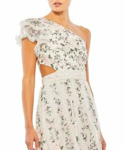 Mac Duggal Embroidered Ruffled One Shoulder Lace Up Gown Shop For