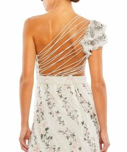 Mac Duggal Embroidered Ruffled One Shoulder Lace Up Gown Shop For