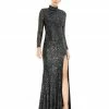 Ieena For Mac Duggal Sequined High Neck Long Sleeve Lace Up Gown