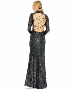 Ieena For Mac Duggal Sequined High Neck Long Sleeve Lace Up Gown