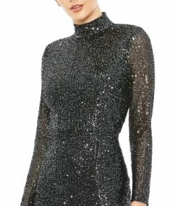 Ieena For Mac Duggal Sequined High Neck Long Sleeve Lace Up Gown