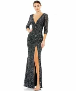 Ieena For Mac Duggal Shop For Sequined Draped 3/4 Sleeve Gown