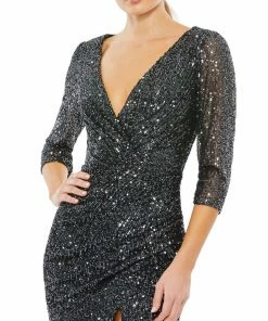 Ieena For Mac Duggal Shop For Sequined Draped 3/4 Sleeve Gown
