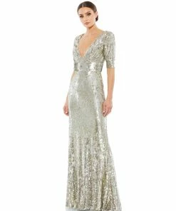 Mac Duggal Sequined Short Sleeve Evening Gown