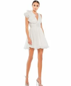 Mac Duggal Ruffle Shoulder Empire Waist Deep-V Dress Short Dresses
