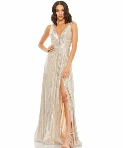 Mac Duggal Metallic Sequined Plunge Neck Gown Shop For