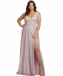 Mac Duggal Plus Size Orchid Glitter V-Neck Evening Gown | Final Sale