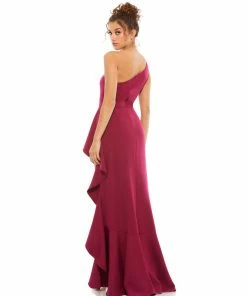 Mac Duggal One Shoulder High Slit Ruffle Gown