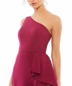 Mac Duggal One Shoulder High Slit Ruffle Gown