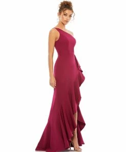 Mac Duggal One Shoulder High Slit Ruffle Gown