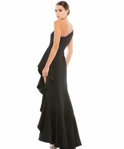 Mac Duggal One Shoulder High Slit Ruffle Gown
