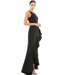 Mac Duggal One Shoulder High Slit Ruffle Gown