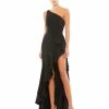 Mac Duggal One Shoulder High Slit Ruffle Gown