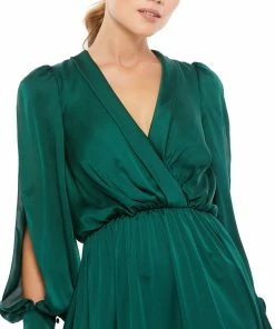 Ieena For Mac Duggal Bishop Sleeve Faux Wrap Gown