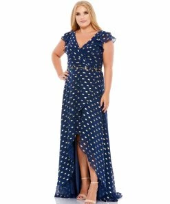 Mac Duggal Polka Dot Faux Wrap Ruffled Cap Sleeve Gown (Plus) Plus Size