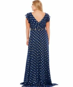 Mac Duggal Polka Dot Faux Wrap Ruffled Cap Sleeve Gown (Plus) Plus Size