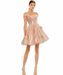 Ieena For Mac Duggal Sequined Cut Out Shoulder Skater Dress