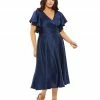 Mac Duggal Short Dresses Faux Wrap Butterfly Sleeve Flowy Midi Dress (Plus)