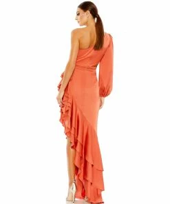 Ieena For Mac Duggal One Sleeve Cut Out Asymmetrical Ruffled Gown