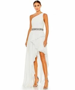 Mac Duggal Pleated One Shoulder Asymmetrical Ruffle Hem Gown Shop For