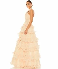 Mac Duggal Shop For Pleated Ruffle Tiered Cross Halter Neck Ballgown