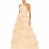 Mac Duggal Shop For Pleated Ruffle Tiered Cross Halter Neck Ballgown