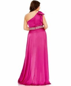 Mac Duggal Bow One Shoulder Faux Wrap Gown (Plus) Shop For