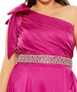 Mac Duggal Bow One Shoulder Faux Wrap Gown (Plus) Shop For
