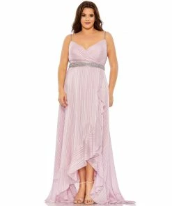 Mac Duggal Rhinestone Belt Faux Wrap Ruffle Tulip Hem Gown (Plus)