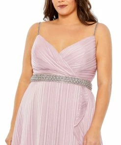 Mac Duggal Rhinestone Belt Faux Wrap Ruffle Tulip Hem Gown (Plus)