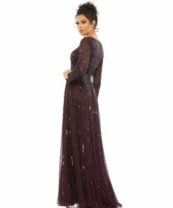 Mac Duggal Sequined Long Sleeve Plunging V-Neck Gown Shop For