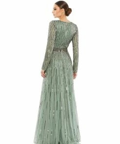 Mac Duggal Sequined Long Sleeve Plunging V-Neck Gown Shop For