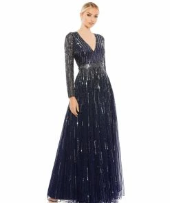 Mac Duggal Sequined Long Sleeve Plunging V-Neck Gown Shop For