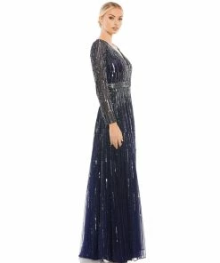Mac Duggal Sequined Long Sleeve Plunging V-Neck Gown Shop For