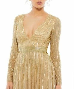 Mac Duggal Sequined Long Sleeve Plunging V-Neck Gown Shop For