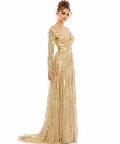 Mac Duggal Sequined Long Sleeve Plunging V-Neck Gown Shop For
