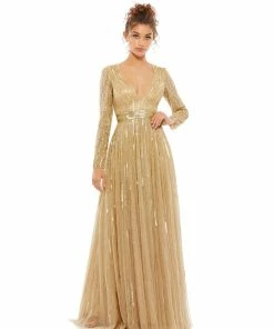 Mac Duggal Sequined Long Sleeve Plunging V-Neck Gown Shop For