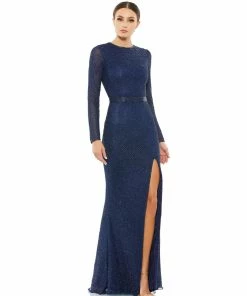 Mac Duggal Lattice Beaded Long Sleeve Evening Gown
