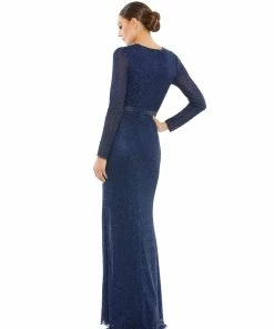Mac Duggal Lattice Beaded Long Sleeve Evening Gown