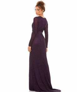 Mac Duggal Lattice Beaded Long Sleeve Evening Gown