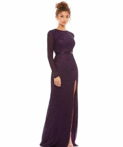 Mac Duggal Lattice Beaded Long Sleeve Evening Gown