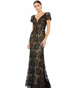 Mac Duggal Shop For Lace Plunge Neck Short Puff Sleeve Trumpet Gown