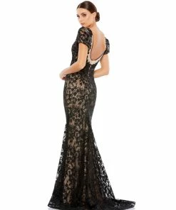 Mac Duggal Shop For Lace Plunge Neck Short Puff Sleeve Trumpet Gown