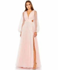 Mac Duggal Shop For Tulle Puff Sleeve Cut Out Lace Up A Line Gown