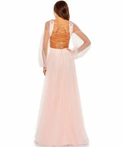 Mac Duggal Shop For Tulle Puff Sleeve Cut Out Lace Up A Line Gown