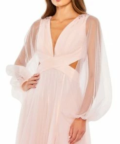 Mac Duggal Shop For Tulle Puff Sleeve Cut Out Lace Up A Line Gown