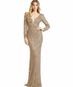 Mac Duggal Beaded Illusion Plunge Neck Long Sleeve Gown Shop For