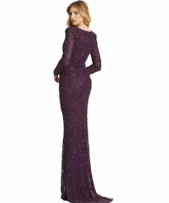 Mac Duggal Beaded Illusion Plunge Neck Long Sleeve Gown Shop For