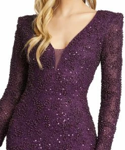Mac Duggal Beaded Illusion Plunge Neck Long Sleeve Gown Shop For